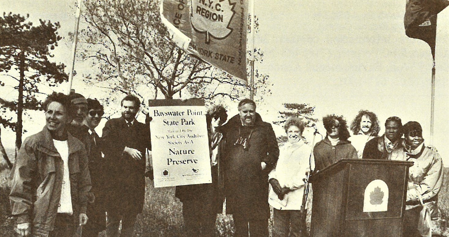 The Dedication of Bayswater Point State Park, in Queens. Pictured (left to right): past Board Member Barbara Cohen; Mickey Cohen; Andy Stone of Trust for Public Land; David Burg; Elizabeth Goldstein of NYS Parks; Albert F. Appleton; Queens Borough President’s Special Assistant for Parks Elaine Castas; NYC State Parks Commission Chair Cynthia Wainwright; John Graham; and two volunteers from the City Volunteer Corps. Photo: Betty Hamilton