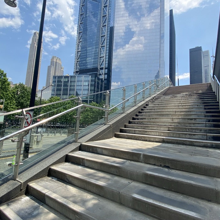 The glass railing at the World Trade Center's Liberty Park, treated with Feather Friendly to prevent collisions. Photo: Melissa Breyer