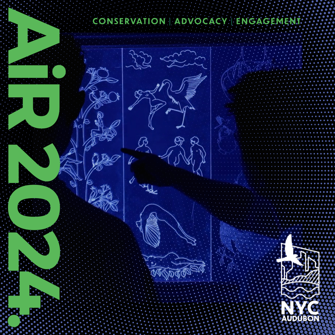 A stylized, dark blue graphic promoting NYC Audubon’s Governors Island Artist in Residence Program. In the background are silhouettes of two people who are engaging with an art piece by Gal Nissim and Leslie Ruckman. 