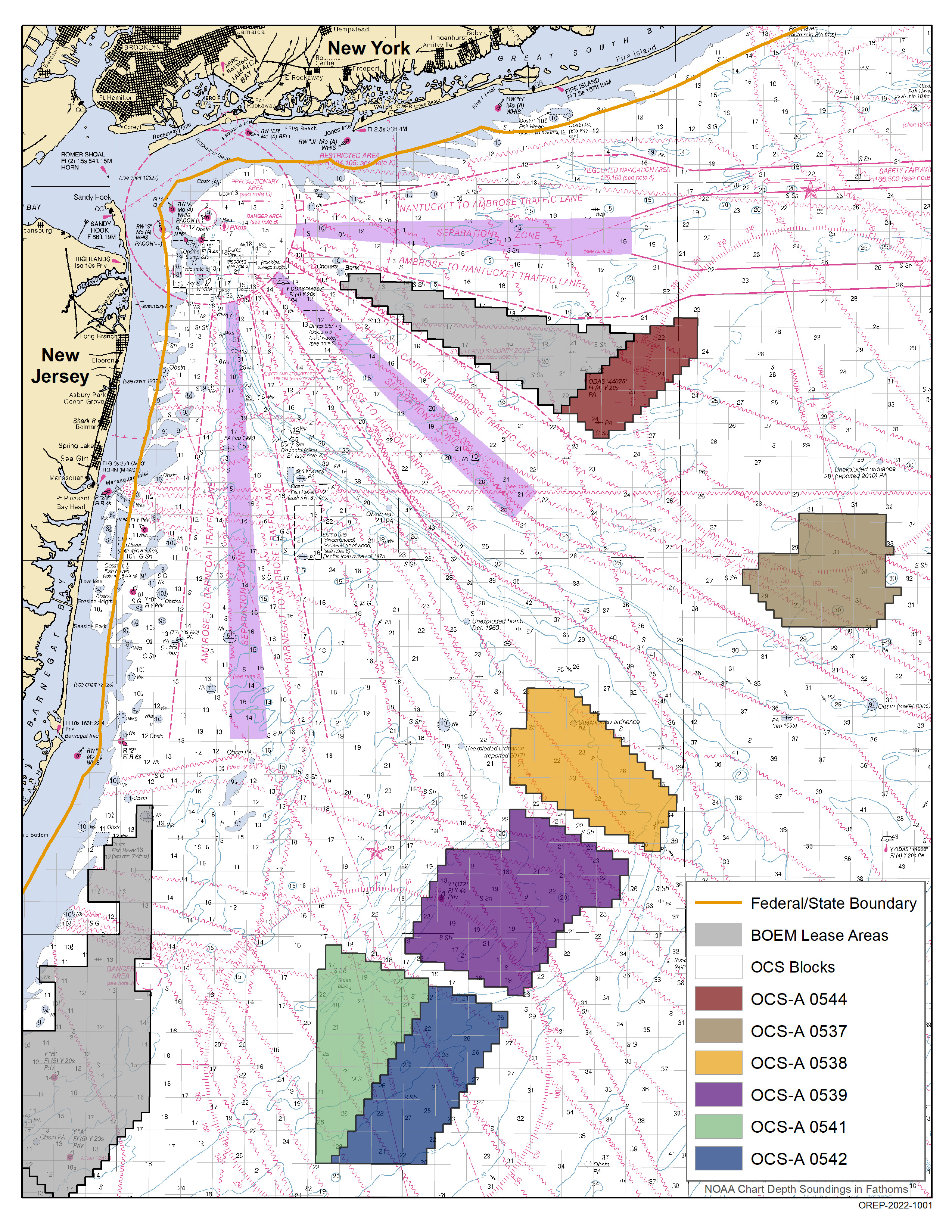 Recently auctioned wind power lease areas span a large portion of the New York Bight. Graphic courtesy of the Bureau of Ocean Energy Management